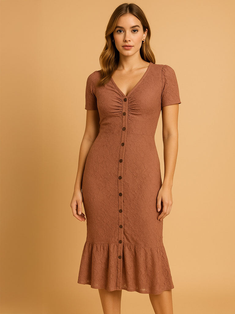 Lunara | Casual Short-Sleeve Button-Front Midi Dress
