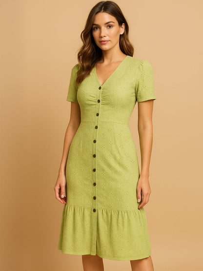 Lunara | Casual Short-Sleeve Button-Front Midi Dress